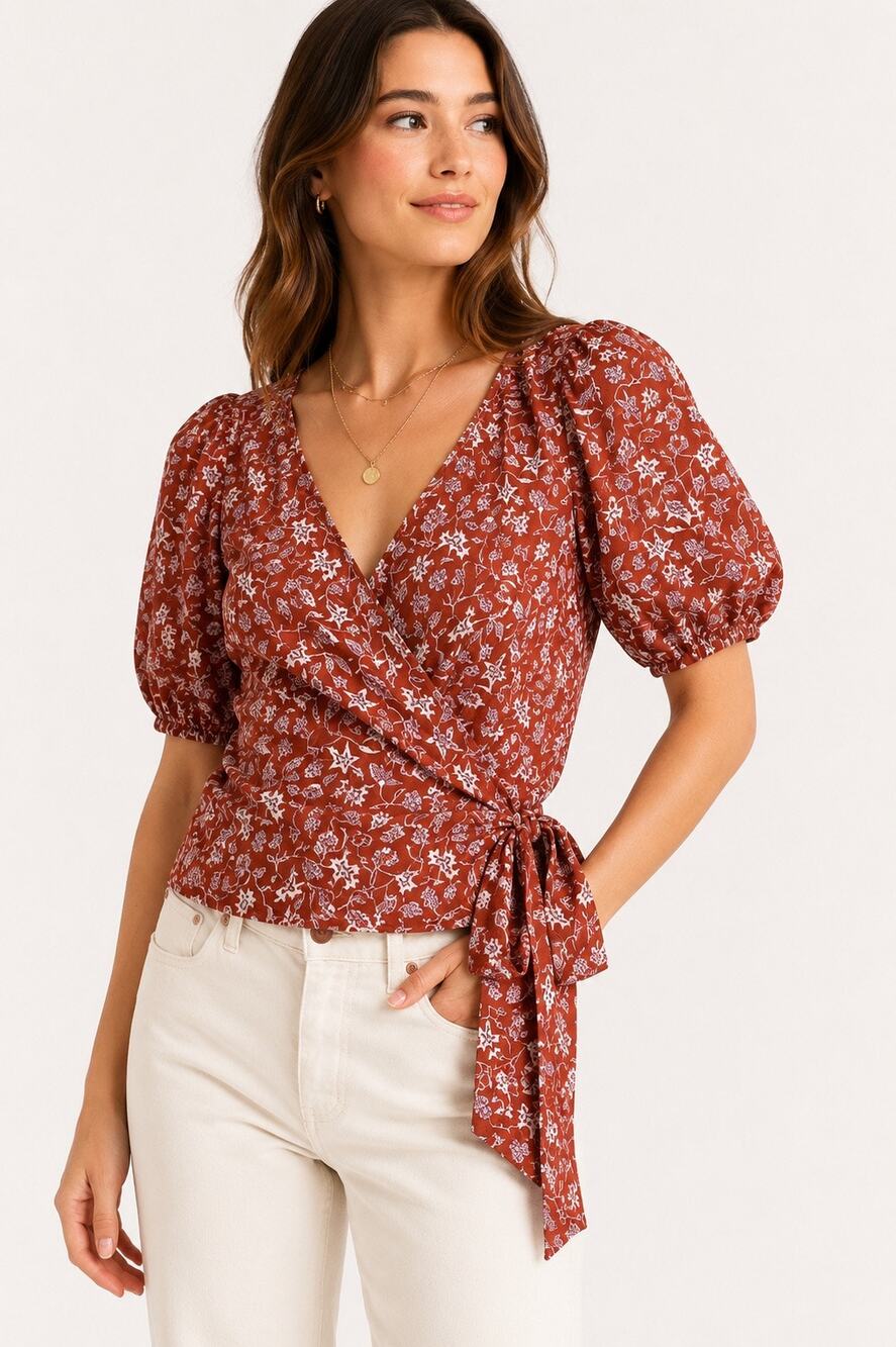 NWT Madewell Floral Wrap Top XS Rust Floral Puff Sleeve Tie Waist Blouse